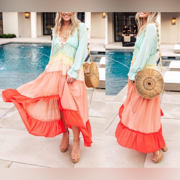 Vici Wavelength Rainbow Dress Tiered Ruffle Pastel Hi Lo Maxi Beach Dress Sz S - Picture 1 of 9
